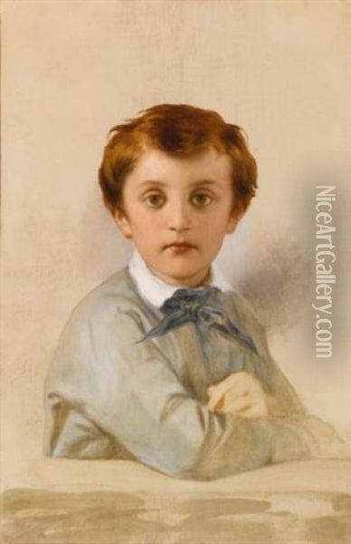 Portrait Of Philippe-gregoire Delaroche, Son Of The Artist, Half Length, Leaning On A Ledge Oil Painting - Paul Delaroche