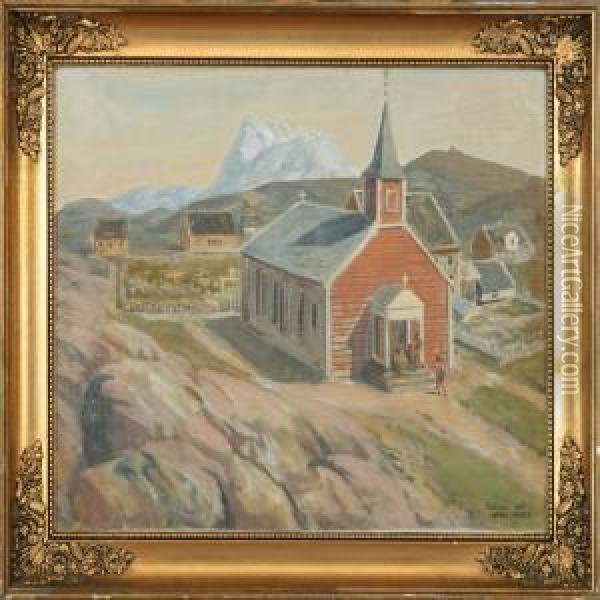 Scenery From Godthaab With Church Oil Painting - Luplau Janssen