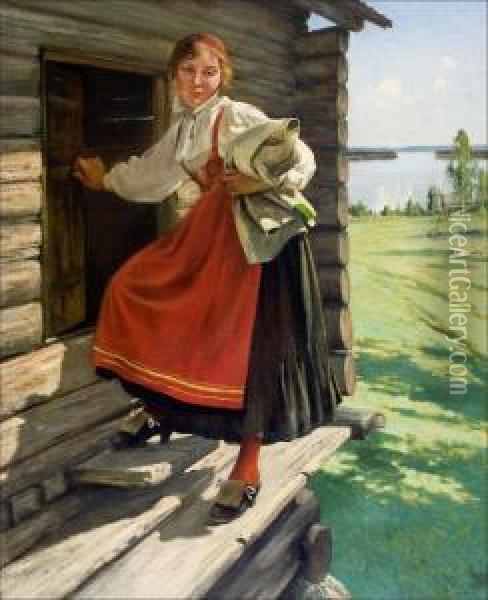 Tyttomoran Puvussa. Oil Painting - August Wilhelm Nikolaus Hagborg