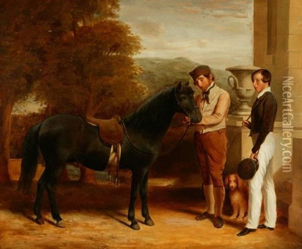 Portrait Of A Groom With A Youngman And His Pony Alongside A House Oil Painting - Robert Frain