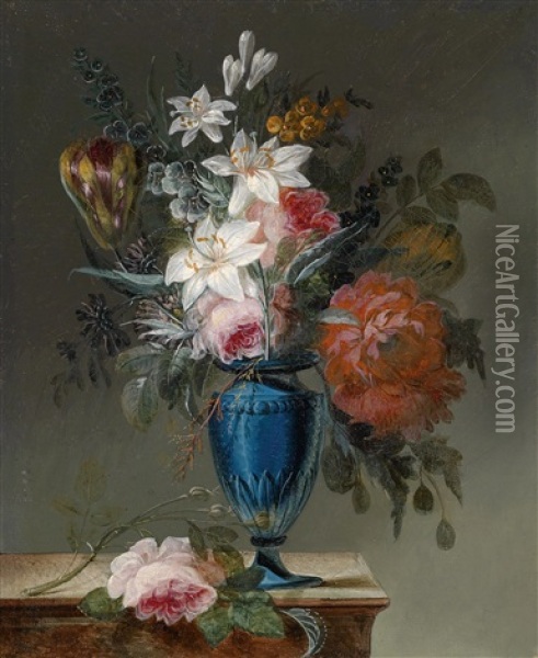 Eine Vase Mit Lilien, Rosen, Tulpen Und Pfingstrosen Oil Painting - Josse Francois Joseph le Riche