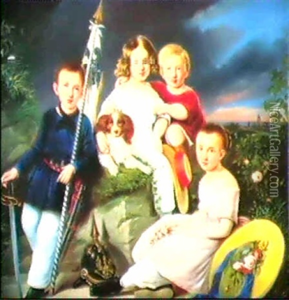 Familien Von W.'s Born, Gebhard, Margarethe, Adolphine Samt Deres Storebror Oil Painting - Gustav Forster