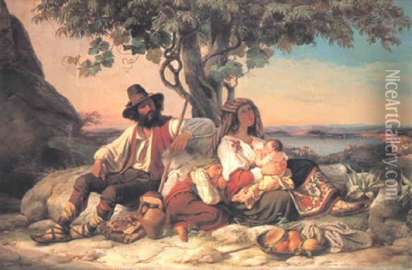 Family Resting Before An Italian Lake Oil Painting - Wilhelm Nerenz