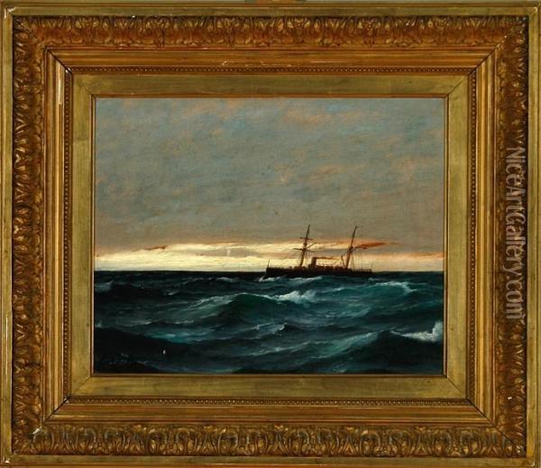 A Marine With A Steamship On Open Sea In The Twilight Oil Painting - Carl Ludwig Bille