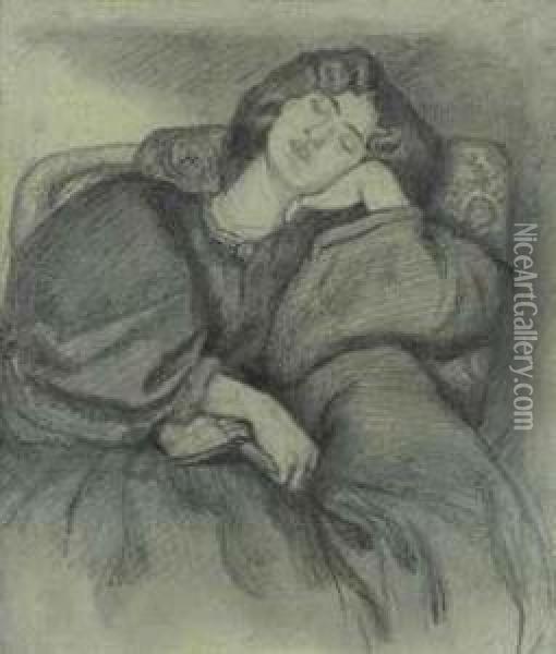 Study Of Jane Morris Asleep In An Upholstered Armchair Oil Painting - Dante Gabriel Rossetti
