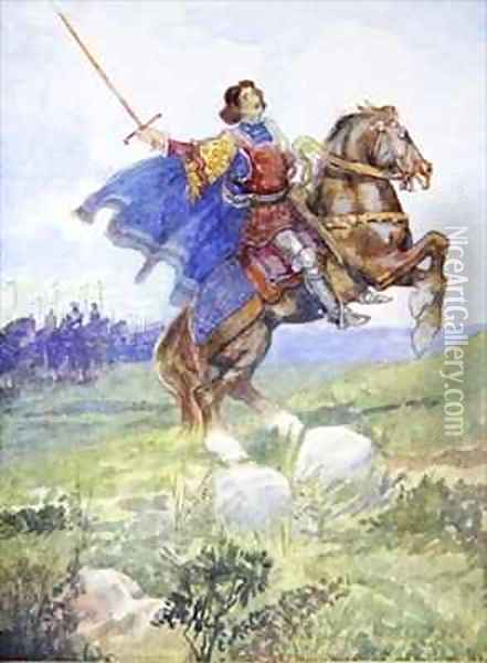 It seemed as if he rode alone to defy the whole English army Oil Painting - A.S. Forrest