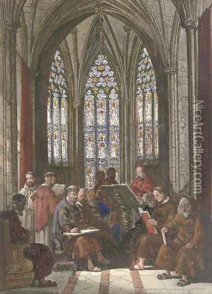 Monks reading in the vestry Oil Painting - Samuel A. Rayner