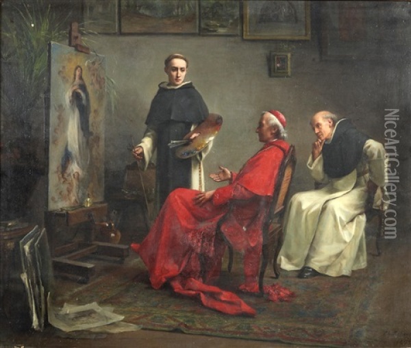 For The Cardinal's Approval Oil Painting - Charles Baptiste Schreiber