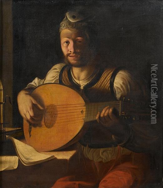 A Young Man Playing A Lute By Candlelight Oil Painting - Angelo Caroselli