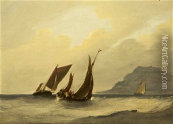 Coastal Scenes With Sailing Vessels, Evening (+ Another; A Pair) Oil Painting - Frederick Calvert