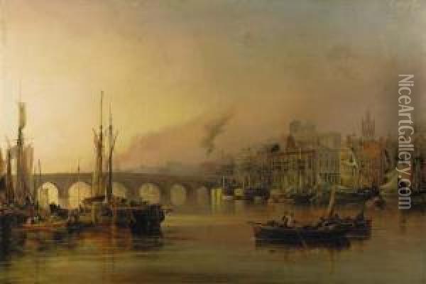 View Of Newcastle From The River Tyne, With Shipping In The Foreground Oil Painting - Thomas Miles Richardson