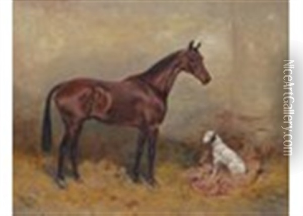 A Horse And A Dalmation In A Stable Oil Painting - Thomas Ivester Lloyd