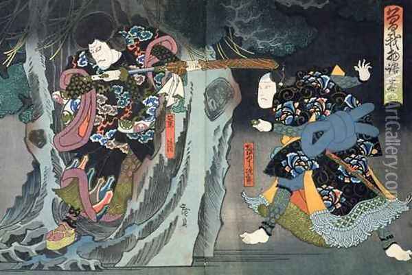 Actors in the roles of Ettyujiro and Kagekiyo in Soga Monogatari Oil Painting - Utagawa Hirosada