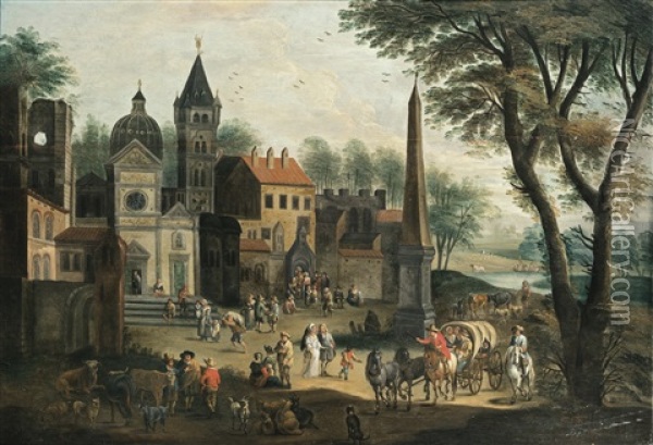 Entrance To A Village With An Obelisk Oil Painting - Mathys Schoevaerdts