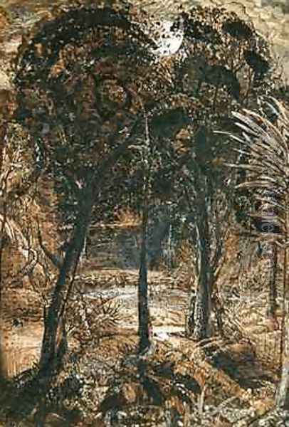 A moonlit scene with a winding river, 1827 Oil Painting - Samuel Palmer