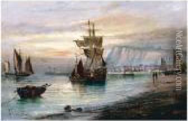 Whitby Harbour At Dawn Oil Painting - James Collinson