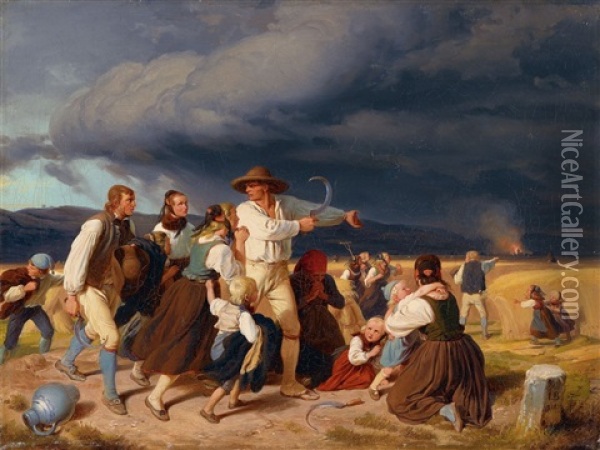 Das Gewitter  - Landleute, Vom Gewitter Erschreckt Oil Painting - Jakob (von Worms) Becker