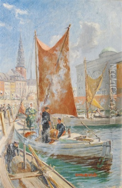 Fisherboats In The Port Of Kopenhagen Oil Painting - Christian Bogo
