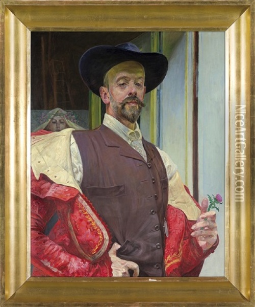 Selfportrait With Thistle Flower Oil Painting - Jacek Malczewski