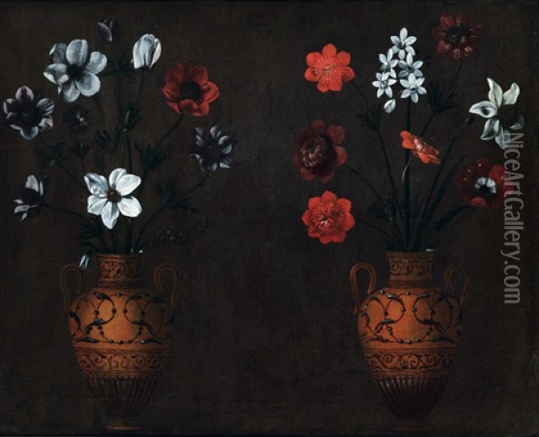 Zwei Braune Henkelvasen Mit Blumenstrausen Oil Painting - Jacopo Ligozzi