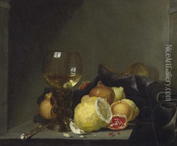 Stilleben Mit Romer, Silbermesser Und Zitrusfruchten. Oil Painting - Simon Luttichuys