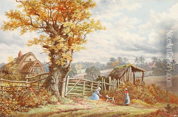 Children Playing Before A Farm Gate Oil Painting - Henry Cheadle
