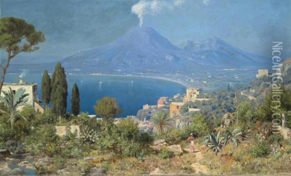The Bay Of Naples, Vesuvius Beyond. Oil Painting - Edmund Berninger
