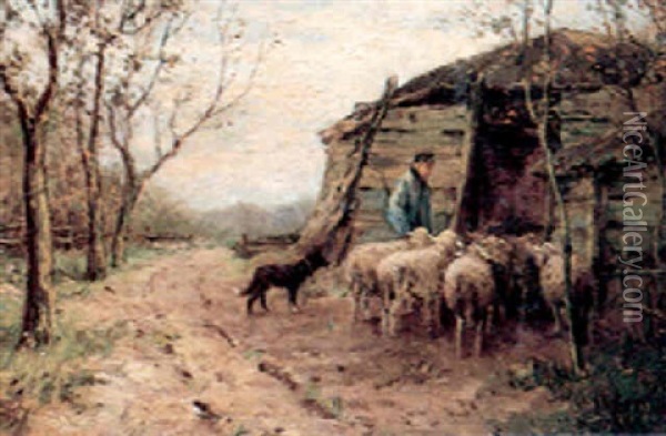 Pastoral Scene With Shepherd, Sheep And Border Collie Oil Painting - Anton Mauve