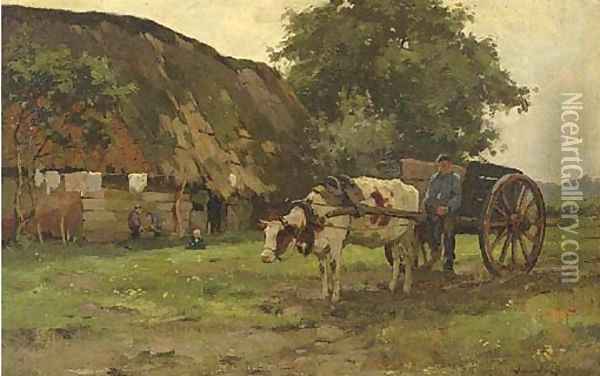A peasant family by a farm Oil Painting - Joseph Gerardus van Jole