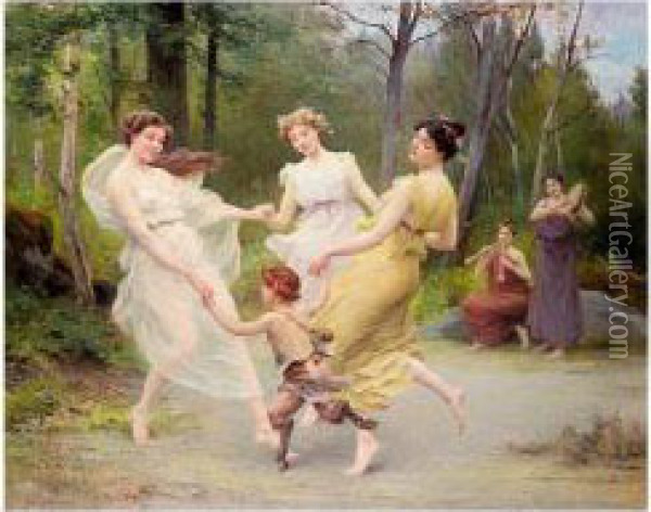 The Three Graces Dancing With A Faun Oil Painting - Jules Scalbert