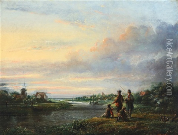 Two Men Fishing Along A River With Their Two Boys Oil Painting - Lambertus Johannes Hansen