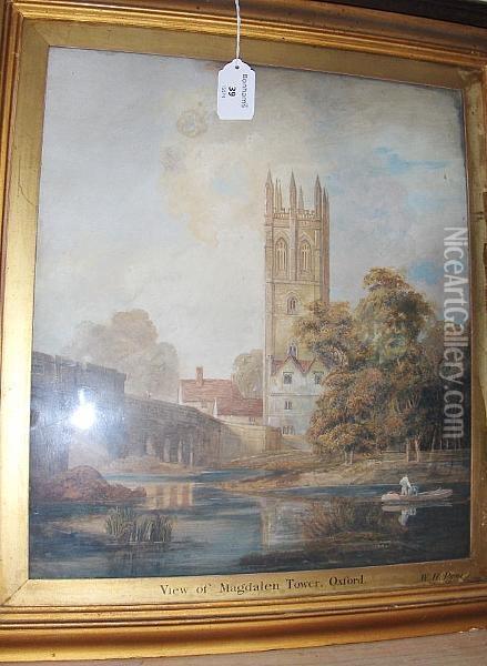 Magdalen Tower, Oxford, Inscribed Verso Oil Painting - William Henry Pyne