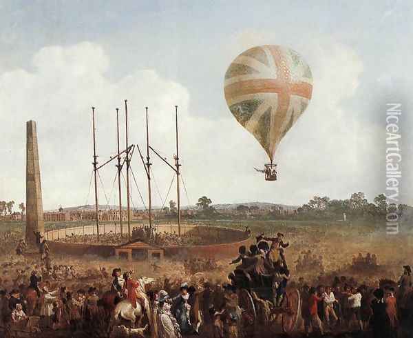 George Biggins' Ascent in Lunardi' Balloon 1785 Oil Painting - Julius Caesar Ibbetson