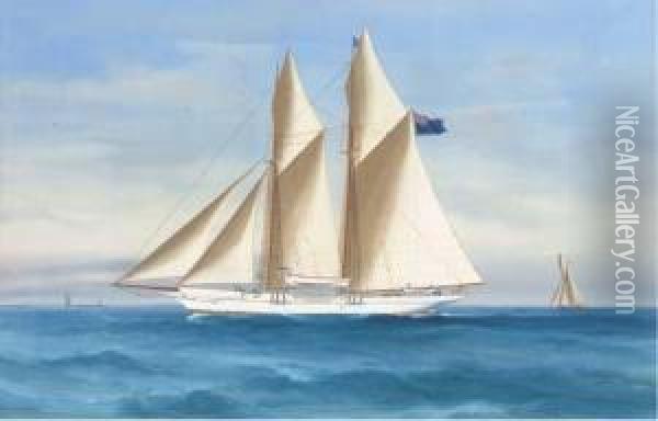 A Two-masted Schooner Of The Royal Albert Yacht Club At Sea; Andweathering The Storm Oil Painting - Atributed To A. De Simone