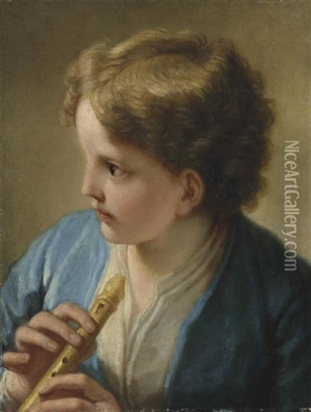 A Young Boy In A Blue Jacket Holding A Flute Oil Painting - Benedetto Luti
