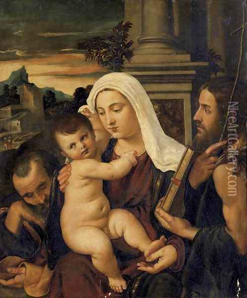 Madonna and Child with Sts Joseph and John the Baptist Oil Painting - Francesco Vecellio