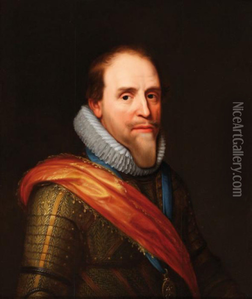 Portrait Of Princemaurits Of 
Orange, Bust-length, Wearing Armour, Lace Collar Andorange Sash Oil Painting - Michiel Jansz. Van Miereveldt