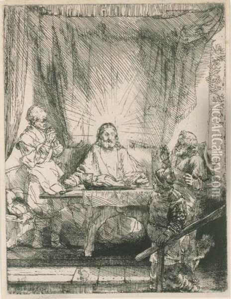 Christ At Emmaus: The Larger Plate (b., Holl. 87; H. 282; Bb. 54-h) Oil Painting - Rembrandt Van Rijn