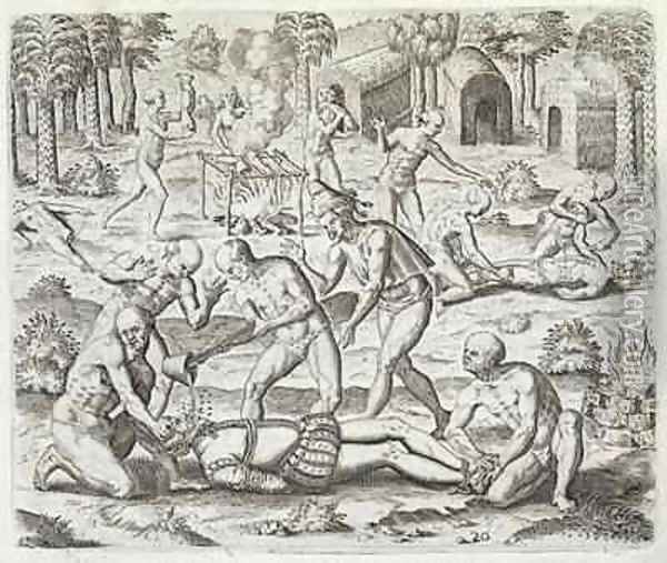 Cannibals in Darien, Panama, capturing Spaniards Oil Painting - Theodore de Bry