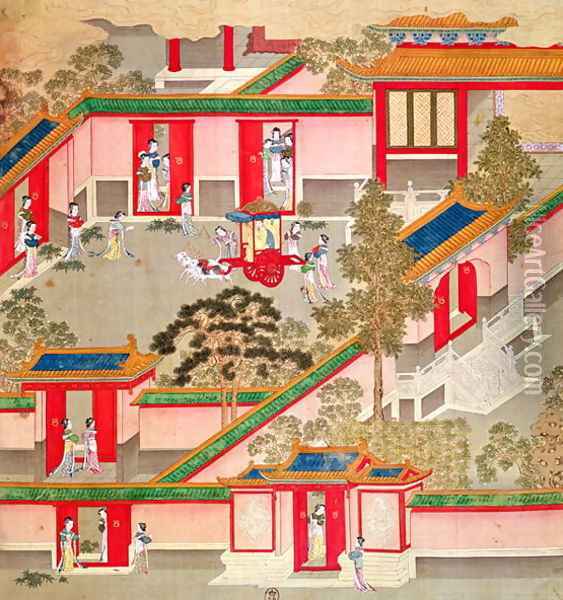 Emperor Wu Ti (156-87, r.141-87 BC), leaving his palace, from a history of Chinese emperors Oil Painting - Anonymous Artist