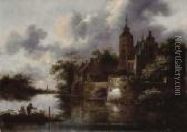 A River Landscape With A Rowing Boat By A Fortified Town, Anglersin The Foreground Oil Painting - Claes Molenaar (see Molenaer)