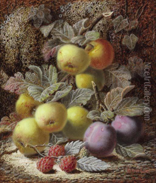 A Peach, A Strawberry And 
Gooseberries And Grapes On A Mossy Bank;and Apples, Plums And 
Raspberries On A Mossy Bank Oil Painting - Oliver Clare