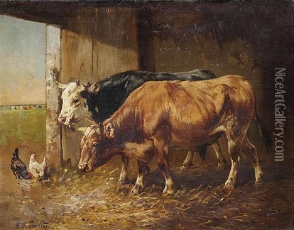 Zwei Rinder An Der Stalltur Oil Painting - Paul Schouten