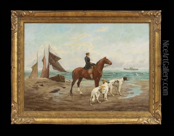 Lady On Horseback With Her Borzois On The Beach Oil Painting - Jef Louis Van Leemputten