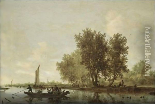 A River Landscape With Figures In A Ferry, Barges And Rowing Boats Beyond, And Other Figures Resting On A Bench Near Cottages Oil Painting - Salomon van Ruysdael