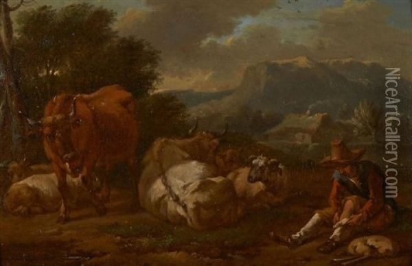 Vacher Et Son Troupeau Dans Un Paysage D'italie Oil Painting - Johannes van der Bent