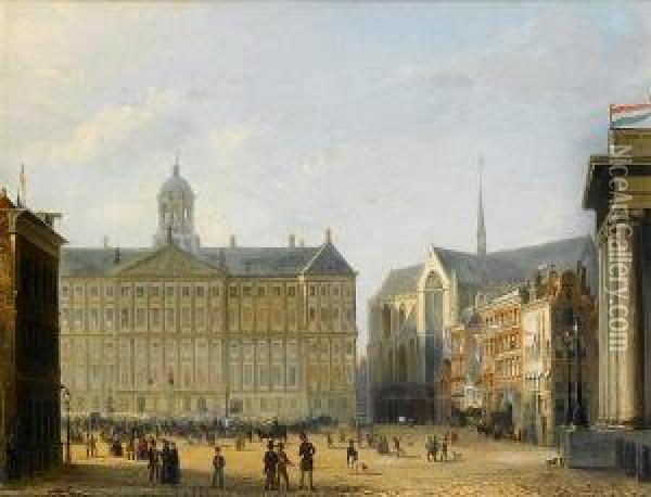 King William Iii Of The Netherlands Salutingthe Crowd From The Royal Palace, Amsterdam Oil Painting - Pierre-Henri-Theodore Tetar van Elven