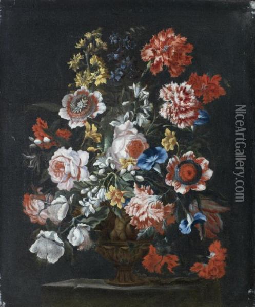 Roses, Carnations, Convolvulus And Other Flowers In A Bronze Urn On A Stone Ledge Oil Painting - Bartolomeo Ligozzi