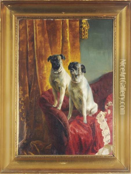 Two Pugs Seated On A Red Settee Oil Painting - Matilda Lotz