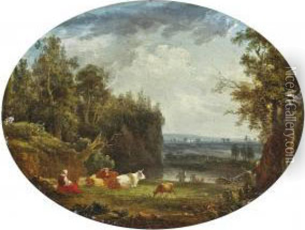 A Woman Watching Over The Herd On A River Bank Oil Painting - Louis-Gabriel Moreau the Elder